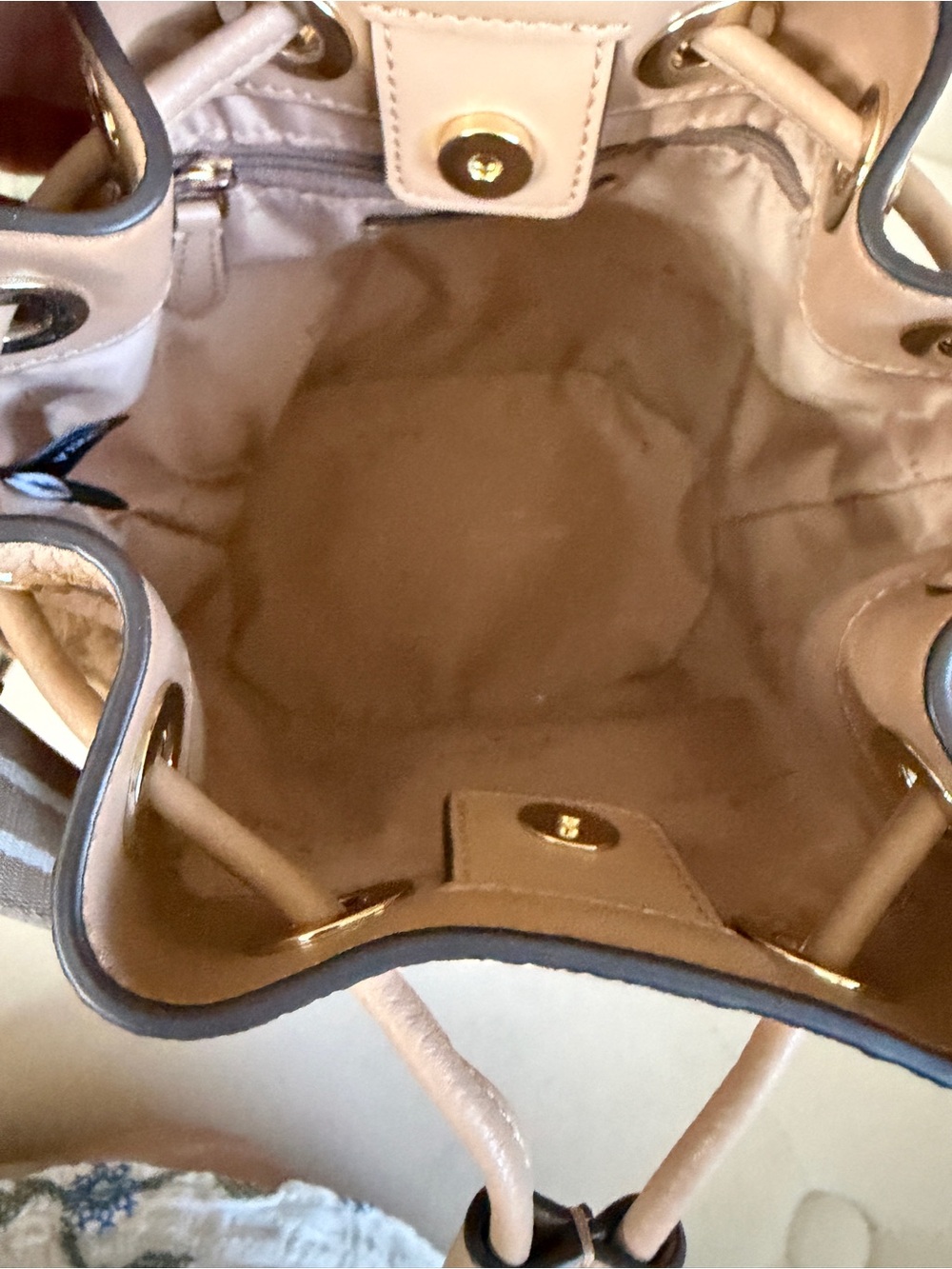 kate spade Brown Faux Fur Drawstring Crossbody w/Striped Strap with coin purse - Picture 6 of 9